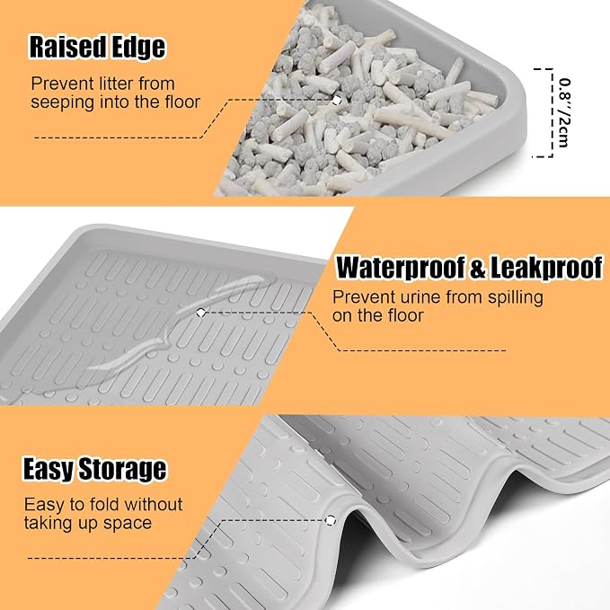 Silicone Cat Litter Mat 47" x 35" Cat Mat for Litter Box, Light Grey | Extra Large Cat Litter Trapping Mat for Floor, Waterproof, Non-Slip Kitty Litter Box Mat with Raised Edge, Easy to Clean
