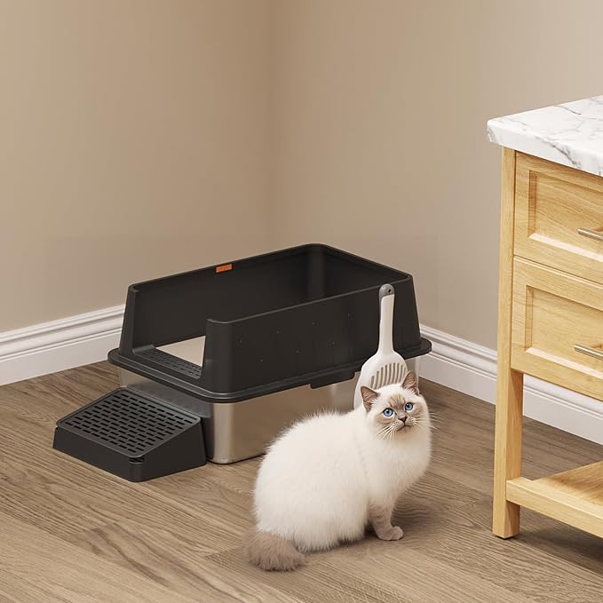 Lifewit Stainless Steel Litter Box for Kitty, Large Metal Cat Litter Tray with Non-Slip Pads, Anti-Leakage Top Entry and High Sided, Easy to Clean, 23.8" L×16" W×6.9" H, Black