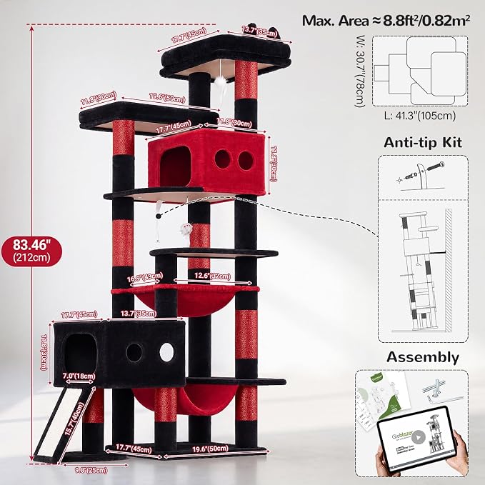 Globlazer 83inch Sturdy Gothic Multi-Level Tall Cat Tower, S83G, Blood-Goth | Extra Large Heavy Duty Cat Tree for Indoor Large Adult Cats Kittens with 2 Cat Condo, 8 Scratching Post, 2 Hammock