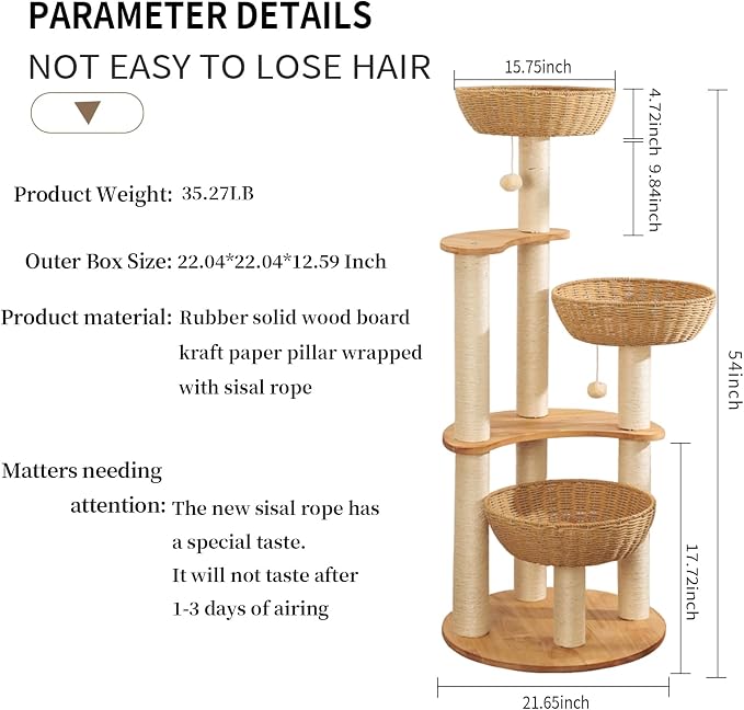SHODMI 54" Modern Cat Tree Tower for Indoor Cats, Large & Multi-Cat Homes | Wood Cat Tree, 3 Handwoven Basket Beds, Stable Wide Round Wood Base, 8 cm Thick Sisal Scratching Posts, Plush & Cool Mats