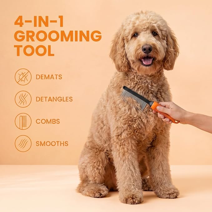 Poodle Grooming Comb - Metal Dematting Comb with Long & Short Stainless Steel Teeth for Removing Matted Hair & Knots, Safe and Gentle for Dogs & Cats (Orange)