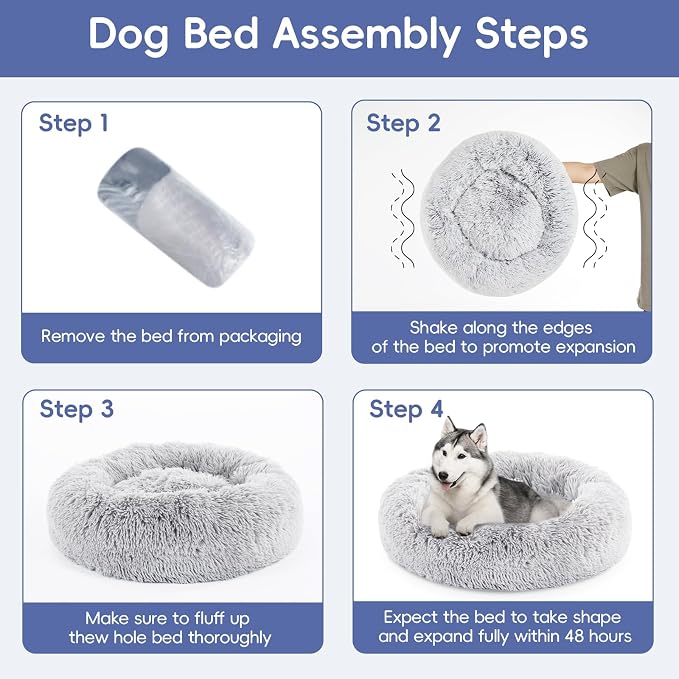 FluffyDream 20 inch Round Donut Bed, Plush Fur Cuddle Bed for Dogs and Cats, Grey, Washable