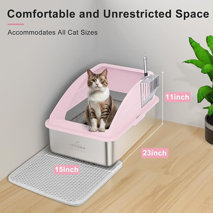 AIPERRO Stainless Steel Litter Box | XL Enclosed Cat Litter Box with Lid for Big Cats | High Sided, Anti-Urine Leakage | Non-Stick Bottom & Includes Litter Mat & Metal Scoop | Cute Pink
