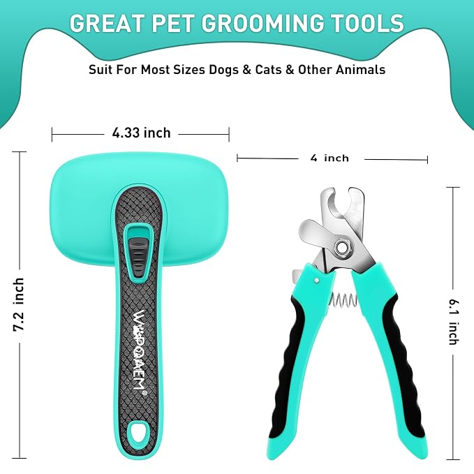 Self Cleaning Slicker Brush & Nail Clippers for Dog and Cats | 2 Pcs, Shedding Long and Short Haired Pets, Skin Friendly, Deshedding Grooming Tool