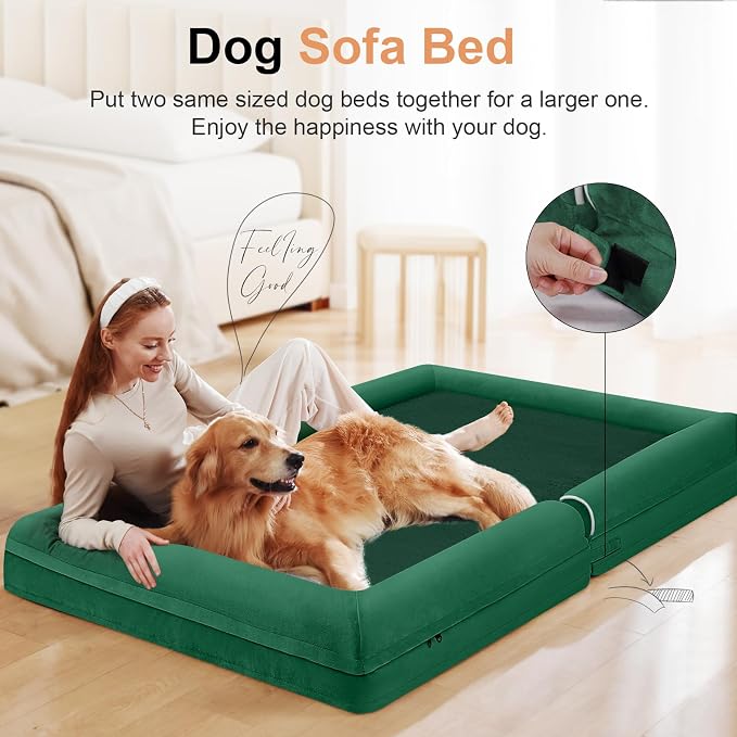 NANUYA Orthopedic Dog Bed for XX-Large Dogs, 44 x 34 Inch, Emerald | Egg crate foam for joint support, 3-sided bolster pet sofa, waterproof lining, washable cover, and non-skid base