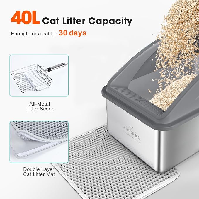 AIPERRO Stainless Steel Litter Box | XXL Deepened 8" Design Enclosed Box with Lid for Big Cats | High Sided, Anti-Urine Leakage | Non-Stick Bottom & Includes Litter Mat & Metal Scoop