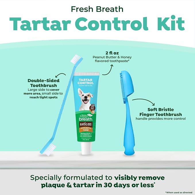 TropiClean Fresh Breath Oral Care Kit - Soft Bristle Finger Toothbrush - Dog Tooth Brushing Kit - Peanut Butter and Honey Flavor Dog Toothpaste