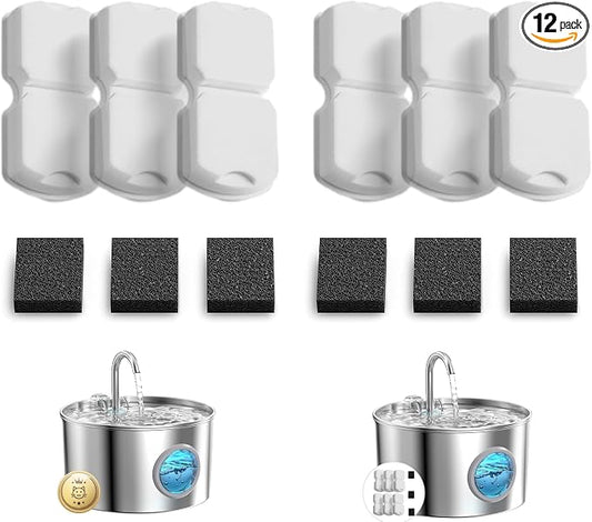 GIOTOHUN Cat Water Fountain Filter Replacement: 12 Cat Fountain Filter - 12 Pet Fountain Filter - 6 Carbon Filters & 6 Foam Filters - Suitable for GIOTOHUN Stainless Steel Cat Fountain S11
