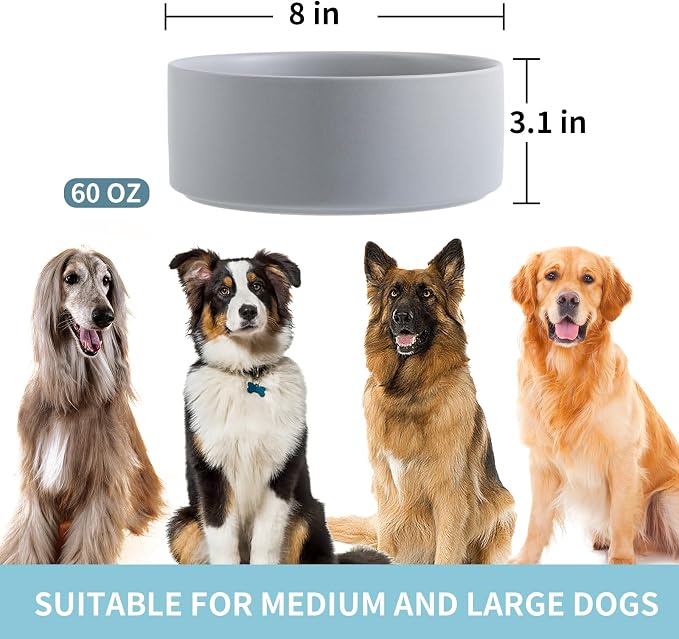 Grey Raised/Elevated Ceramic Dog Bowl for Medium Large Sized Breeds,Large Dog Food Water Bowl with Stand,8 in Non Slip Heavy Weighted 1800ml/ 7.6 Cups/60 OZ