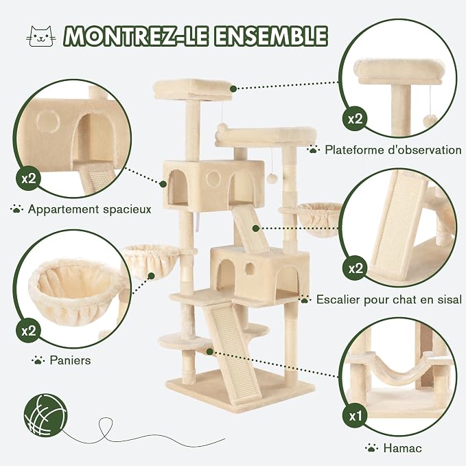 MUTICOR 66 Inches Multi-Level Large Cat Tree Tower for Indoor Big Feline/Cozy Plush Perches/Condo/Sisal Scratching Posts/Hammock and Baskets/Activity Center Play House/Wide Base/Beige