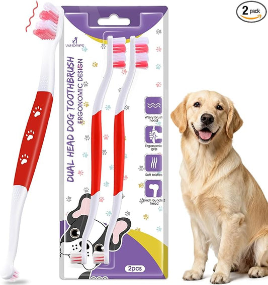 Dog Toothbrush, Dual-Head, for Medium-Large Dogs, Red | Soft Bristles for Gentle Cleaning, 60° Curved Bristles for Better Coverage, Comfortable for Sensitive Gums