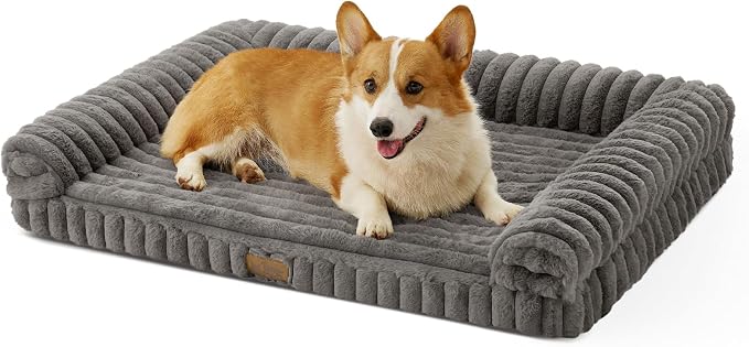 COZY KISS Ultra Soft Faux Rabbit Fur Dog Bed for Medium Dogs – 36"x27" Orthopedic Foam Couch, Removable Washable Cover & Waterproof Lining, Grey