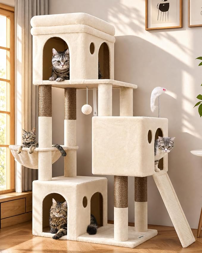 Globlazer Heavy Duty Cat Tree for Indoor Cats Large Adult, F52B, Beige | 3 Condos, Extra-Large Baseboard, Removable Top Perch, 4 Sisal Posts & Board, Hanging Basket, Anti-Topple Strap, Easy Setup