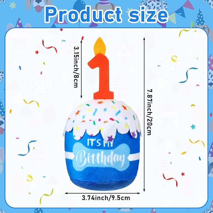 Dansydaisy Dog Birthday Cake Toy Squeaky Plush Toy for Girl Boy Gifts, Chew Accessories for Dog Birthday Party Decor Favor for Large, Medium and Small Dogs(1st,Blue)