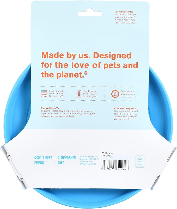 West Paw Zogoflex Zisc Dog Flying Disc, High Flying Aerodynamic Disc for Dogs Puppy – Lightweight, Floatable Disc for Fetch, Tug of War, Catch, Play – Doubles as Food/Water Bowl, Large 8.5", Aqua Blue