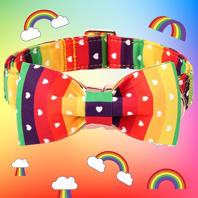 DOGWONG Rainbow Dog Collar with Bow Tie for LGBT Pride Month - Adjustable and Comfortable LGBT Pride Dog Collar for Large Medium Small Pet