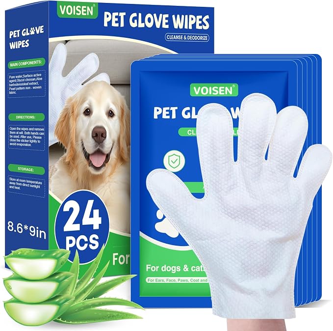 24 Pcs Pet Glove Wipes for Dogs, Pet Cleaning Gloves | Dog Wipes Cleaning Deodorizing,Unscented Thick Pet Wipes for Nourish Fur Daily Care and Travel