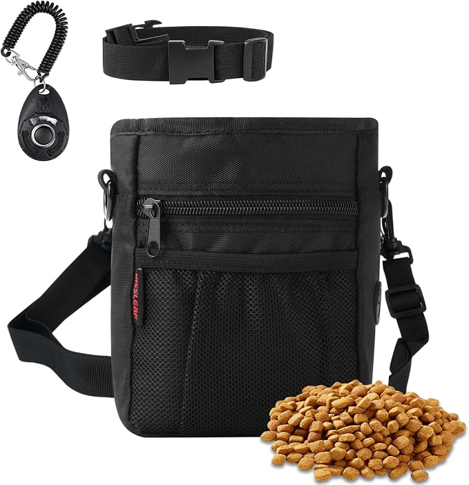 Dog Treat Pouch, Magnetic Closure, Dog Clicker- Black | Dog Training Treat Pouch, Large Size, Nylon Material, Magnetic Closure & Clicker, for Walking, Obedience & Outdoor Use