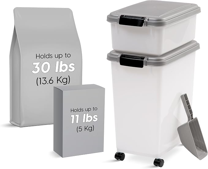 IRIS USA Dog Food Storage Container, Up to 30+11 lbs, Gray/Dark Gray | Made in the USA, Includes 2-Cup Scoop & Wheels, Airtight Seal, BPA-Free, Bird Seed, Cat food, Cat Litter, Treats, Toys