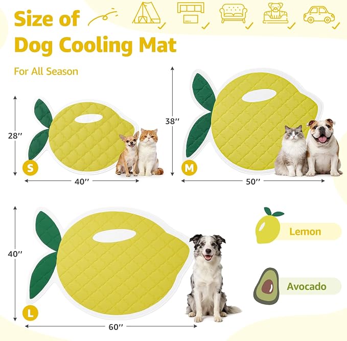 LOOBANI Dog Cooling Mat 38"x50"- Cute Lemon Design Cooling Mat for Dogs (Cool & Warm Side), Waterproof Self-Cooling Mat for Crate, Floor, Car for Small Dogs, Cats, Pet, Yellow 38x50 in
