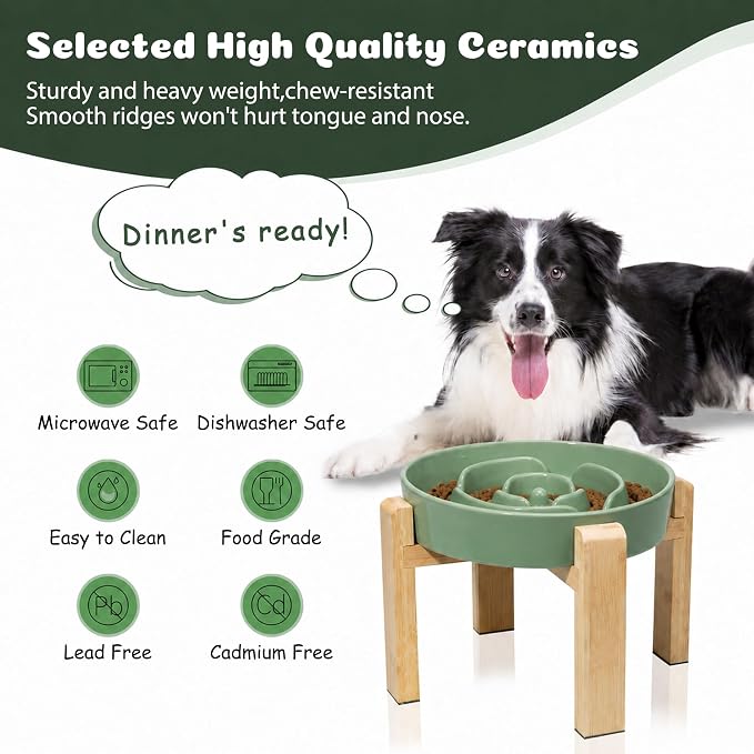 Elevated Slow Feeder Dog Bowl Large Breed, 8.8 Inch Ceramic Slow Eating Bowl with Bamboo Stand, Anti-Choking Raised Maze Design for Medium to Large Dogs, 3.2 Cup, Green