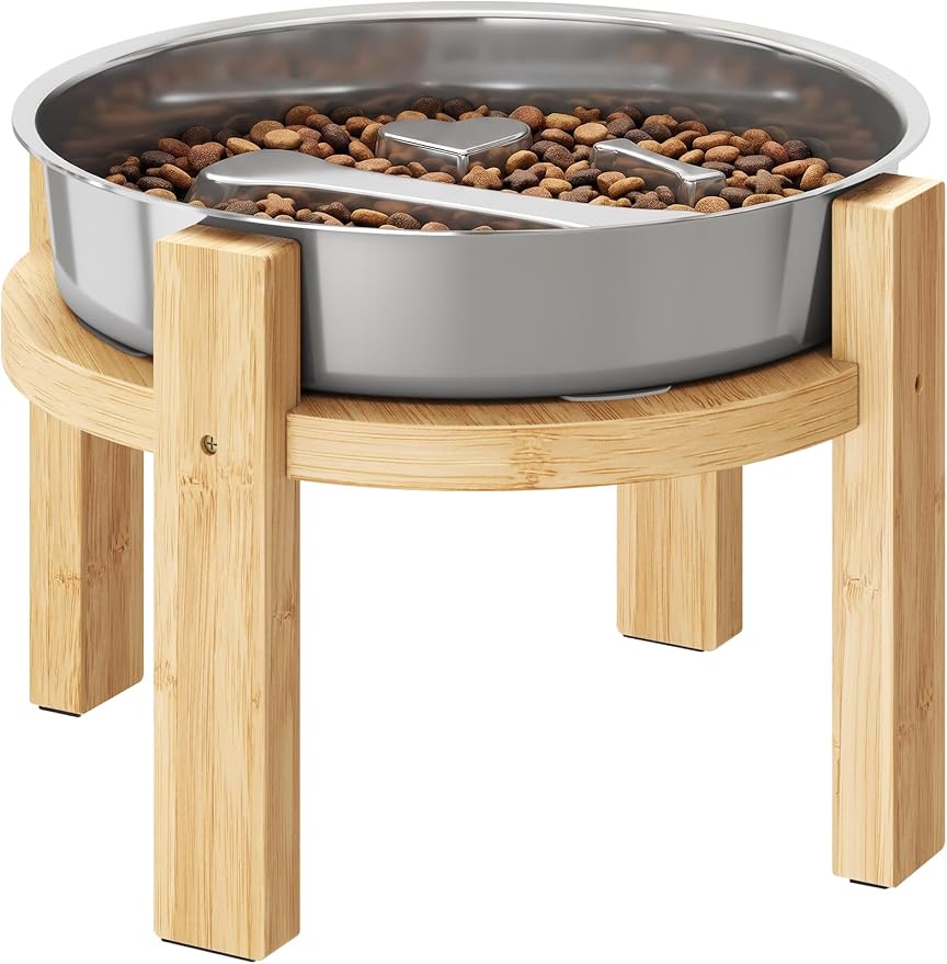 ZooZoo Elevated Slow Feeder Dog Bowl Stainless Steel with 7in Bamboo Stand | Food Grade Rustproof Dishes For Small Medium Pets, Non-Slip Base Protects Floors, Easy To Clean For Healthy Eating