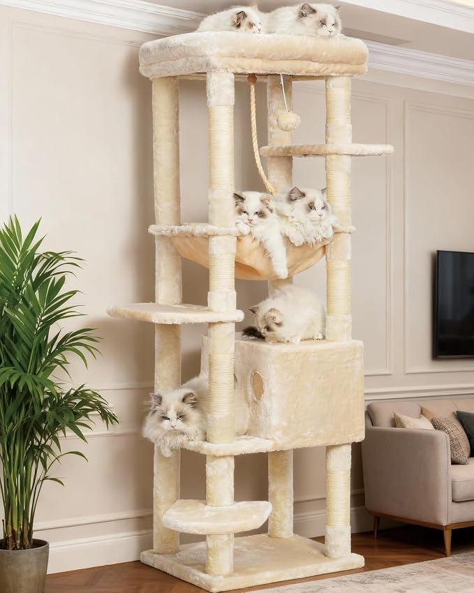 Heybly Cat Tree for Large Cats, 20lbs Heavy Duty, 60 inches HCT050M | Cat Tower for Indoor Cats with Big Padded Plush Perch, Multi-Level Furniture Condo with Cozy Basket, Beige