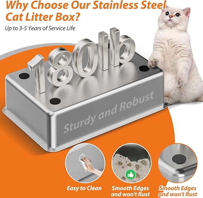 Stainless Steel Litter Box with Lid, XL Metal Cat Litter Box with Removable High Sided Enclosed, Foot Pedal & Scoop & Litter Mat for Big Cats, Anti-Urine Leakage, Non-Stick Bottom, Easy Cleaning