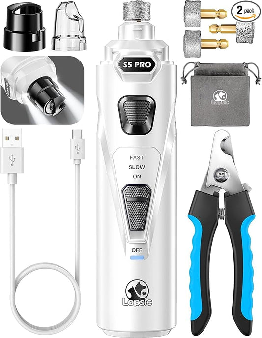 Whisper Quiet Dog Nail Grinder Safe & Stress-Free for Sensitive Dogs Cats | 4 LED Lights,3 Grinding Bits, 3-Speed, Pet Nail Trimmers, Rechargeable Painless Grooming Kit for All Breeds & Sizes