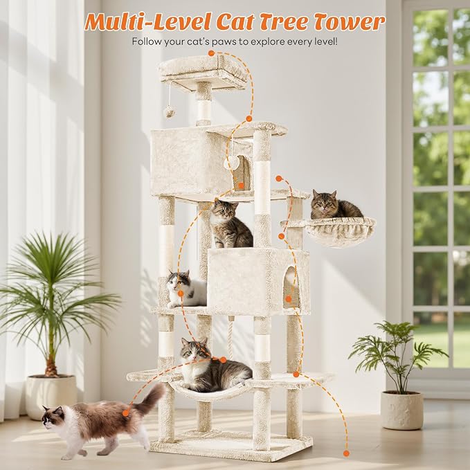 Large 66 Inch Cat Tree Tower with Sisal Scratching Post | Multi-Level Cat Climbing Tower with Hammock, Pet Condo for Indoor Cats and Kittens, Beige