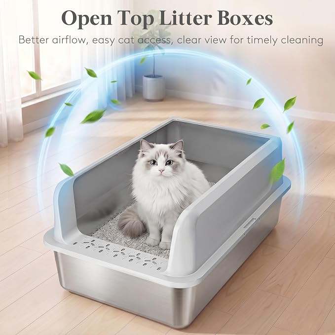 Lifewit Stainless Steel Litter Box, XL Metal Cat Litter Tray with Non-Slip Pads, Anti-Leakage Top Entry and High Sided, Easy to Clean, 22.8"×15"×10.2", Gray
