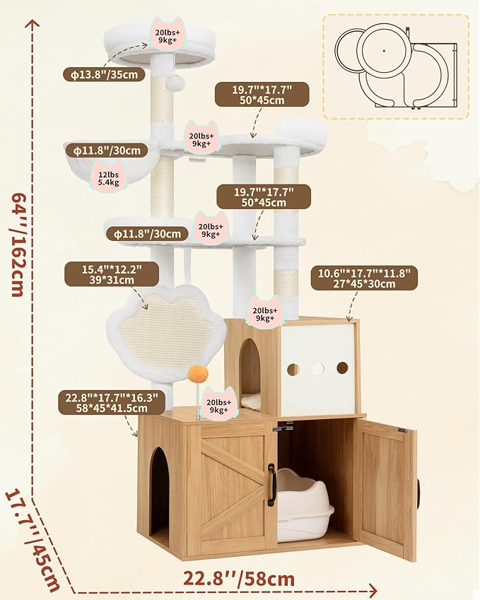 Heybly Cat Tree with Litter Box Enclosure, Modern 64" Hidden Tower HCT105BT | All-in-One Solid Wood Cat Condo for Indoor Cats with Paw-Shaped Board, Multi-Level Perch & Playzone, White Oak