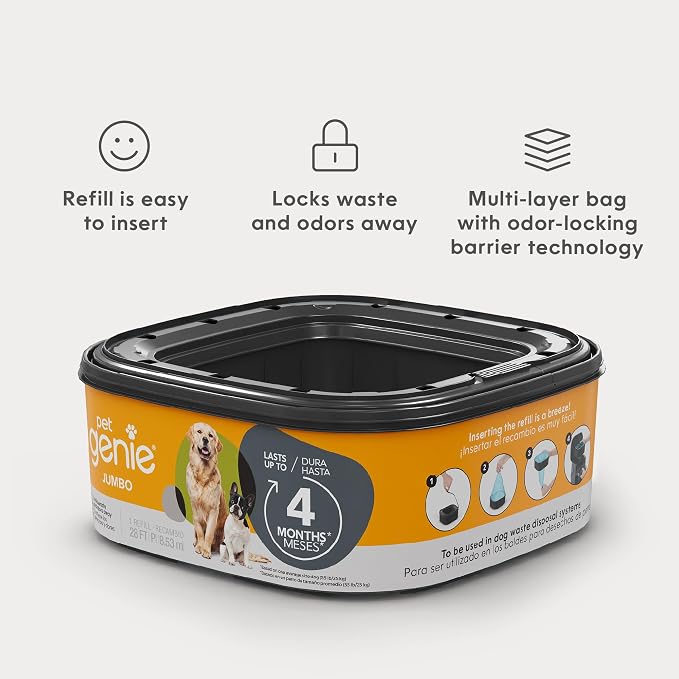 Pet Genie – Jumbo refill – Up to 4 months of supply - Ultimate odor control dog poop bags,(Pack of 6)