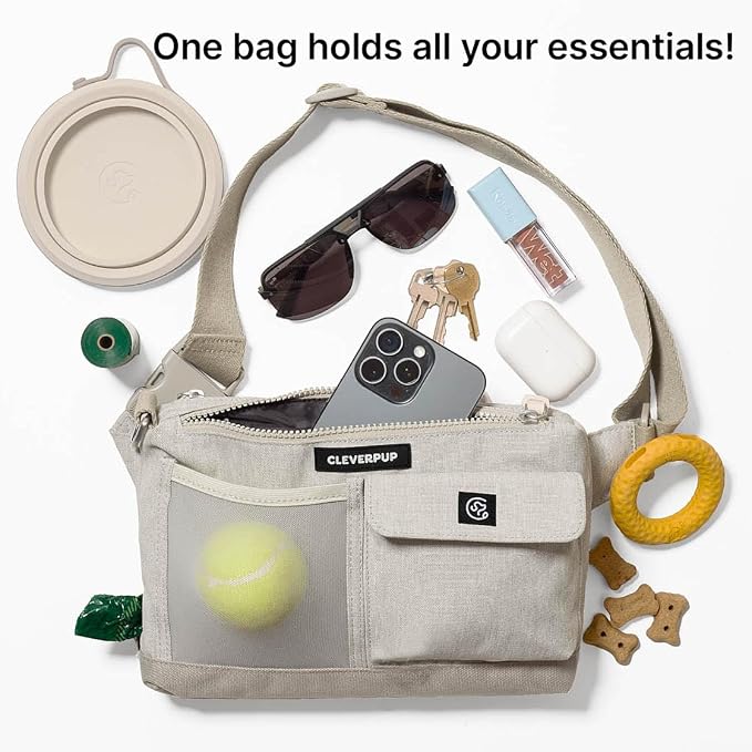 Dog Walk & Train Sling Bag - Hands-Free Dog Walking & Training Bag with Treat Pouch, Poop Bag Holder & Phone Pocket - Crossbody or Fanny Pack, Adjustable Strap - Sand