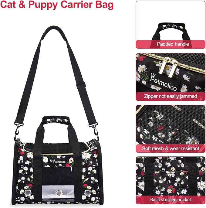Petmolico Cat Carrier Dog Carrier, Airline Approved Soft Pet Travel Carrier with 3 Open Doors Mesh Windows for Cats Puppy 16 lbs, White Daisy