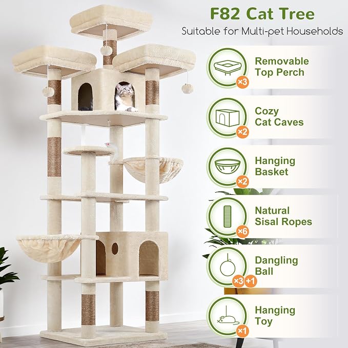 Globlazer Cat Tree Tower for Multiple Adult Cats, 82 inch, F82, Beige | XXL Tall Cat Tree Tower for Indoor Cats with Scratching Post, 3 Perches, 2 Condos, 2 Hanging Baskets