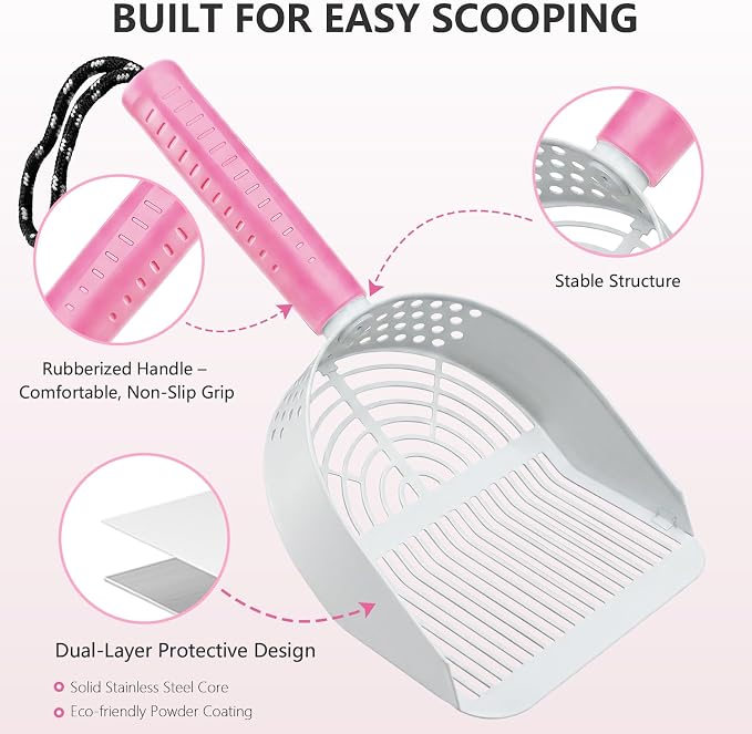Cat Litter Scoop with Holder, 3 in 1 Metal Kitty Scooper, Heavy Duty Deep Litter Sifter with Dustpan & Mini Broom, Dual Coarse & Fine Grid, Quick Sift, Universal for All Cat Litter