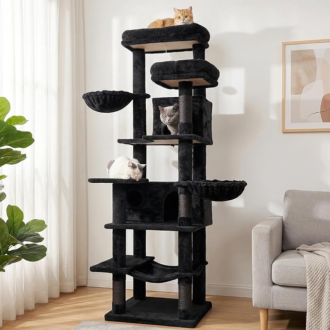 68 Inches Multi-Level Large and Tall Cat Tree Tower for Indoor Cats/Removable Pad/Cat Condo/Sisal Scratching Posts/Hammock/Cat Activity Center/Wide Base Black