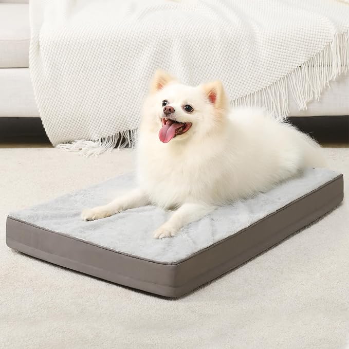 KSIIA Orthopedic Dog Bed, Deluxe Plush Waterproof, 29 x 18 Inch, Gray, 3-Inch Thick High-Density Egg Crate Foam, Removable Cover, Machine Washable | Deluxe Soft Plush Dog Crate Bed, Machine Washable Pet Mat with 3-Inch Thick High-Density Egg Crate Foam...