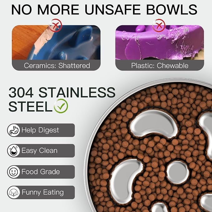 Slow Feeder Dog Bowl-2Cups for Medium Breeds, Double-Layer Stainless Steel, Heavy-Duty with Non-Slip Rubber Base, Puzzle Maze Bowl to Slow Down Eating [2Pack]