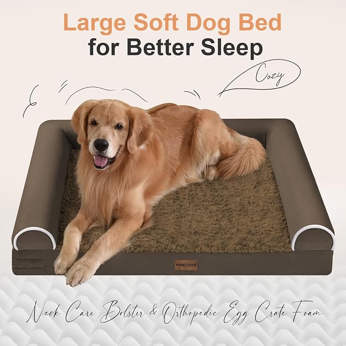 NANUYA Orthopedic Dog Bed for Jumbo Dogs, 53 x 42 Inch, Coffee | Egg crate foam for joint support, 3-sided bolster pet sofa, waterproof lining, washable cover, and non-skid base