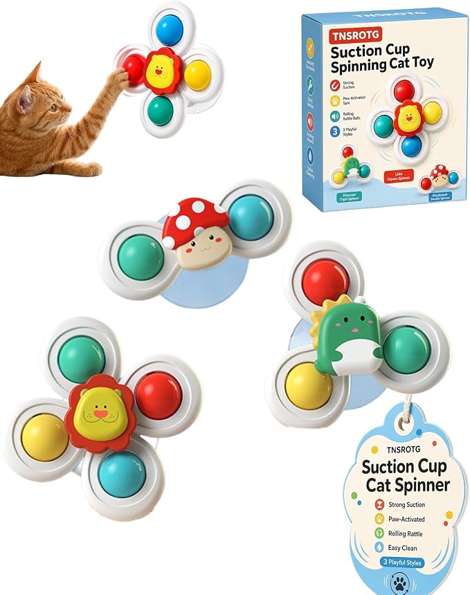 Cat Suction Cup Spinner Toy Colorful Balls Paw Activated Motion Indoor | Pets Window Perch Playmate Glass Mount 3 Designs Compact ABS Build Wipe Clean Surface Strong Grip(1set)