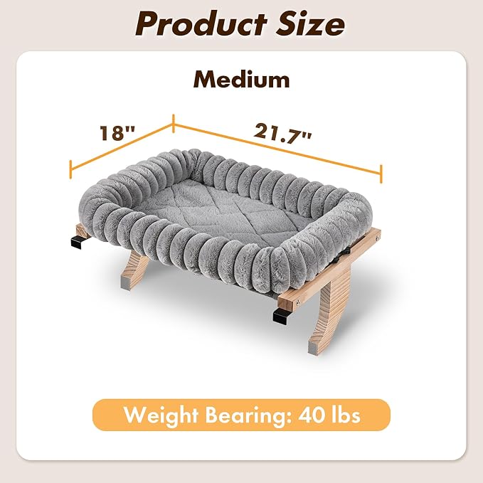 Zoratoo Cloud-Cuddle Cat Perch for Window Sill with Zipper Cushion, M Gray | 21.7’’x18’’, Removable for Machine Wash, Fluffy Plush Bolster, Sturdy Metal Frame for Large Cats up to 40lbs, Easy to Adjust