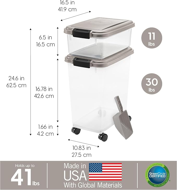 IRIS USA Airtight Dog Food Storage Container Combo, 30 lb & 11 lb Bin | Stackable food storage system includes scoop and wheels to keep kibble, treats, and pet food fresh and organized.