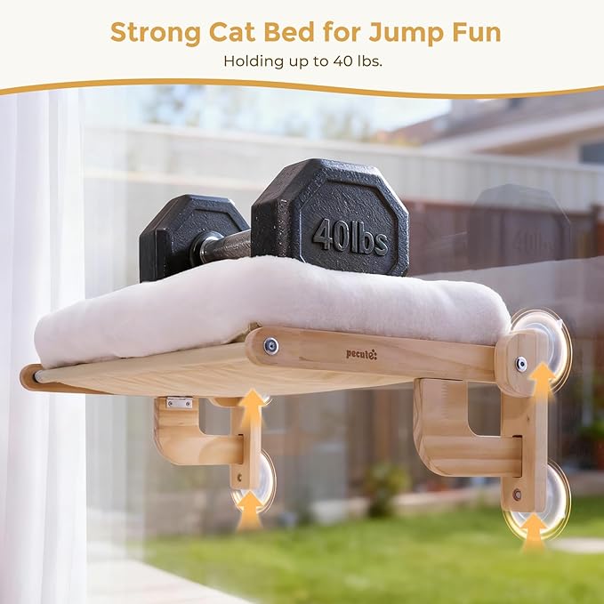 Pecute Foldable Cat Window Perch, Cloud-Soft Cat Bed with Wood Frame, 26" L | Solid Wood, Strong Suction Cup, Washable Cushion, Sided Bolster, Large Cat Hammock Indoor for Sunbathing, Bird Watching