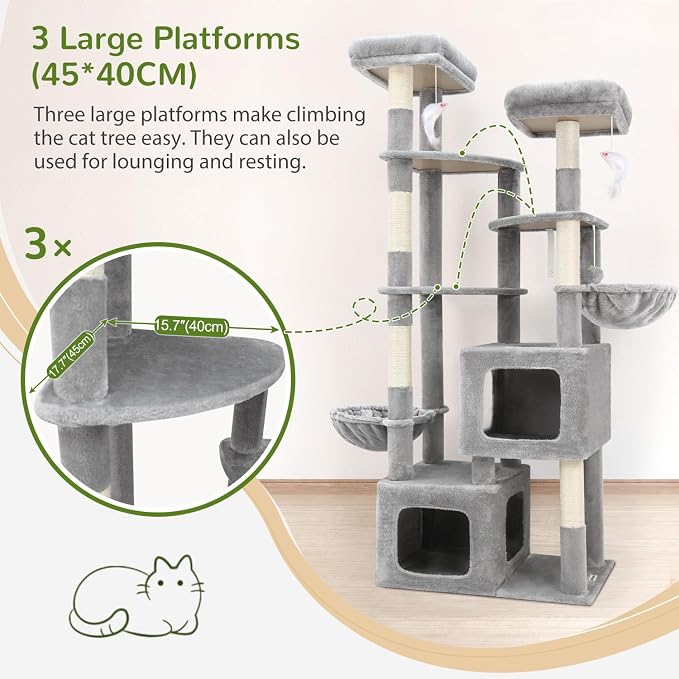 Globlazer S74E Pro Heavy Duty Maine Coon Cat Tree for Large Cats,Light Grey | 74in Sturdy Multi-Level Tall Cat Tree Tower for Indoor Adult Cats with Scratching Posts, 2 Cat Condos, 2 Top Perches