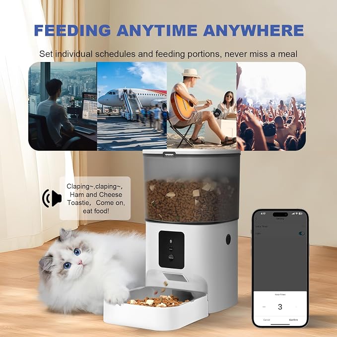 ANDOLL HOME 2.4G/5G Automatic Cat Feeder, 4L WiFi Food Dispenser with 10s Voice Recorder, Pet Feeder up to 10 Meals per Day, Timed Cat Feeder with Dry Food Sealed Ring (Matte White, 4.0 L)
