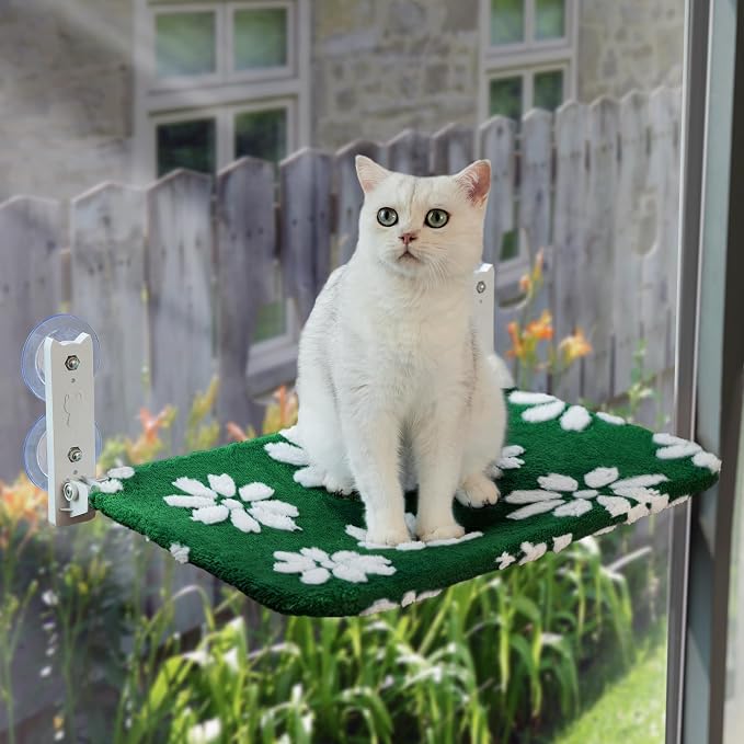 Cute Cat Window Perch, Foldable Cat Window Hammock, Green | Cordless Window Seat Bed for Indoor Cats, 3D Textured Flower Cover, Strong Suction Cups