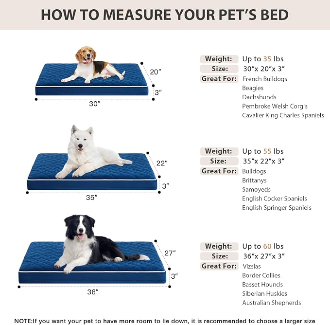 WNPETHOME Orthopedic Waterproof Large Sized Senior Dogs Bed for Comfy Sleep | Washable Ped Bed with Removable Cover, Multi-Needle Quilting Large Dogs Crate Bed for Dog Relax, Blue 36x27 Inch