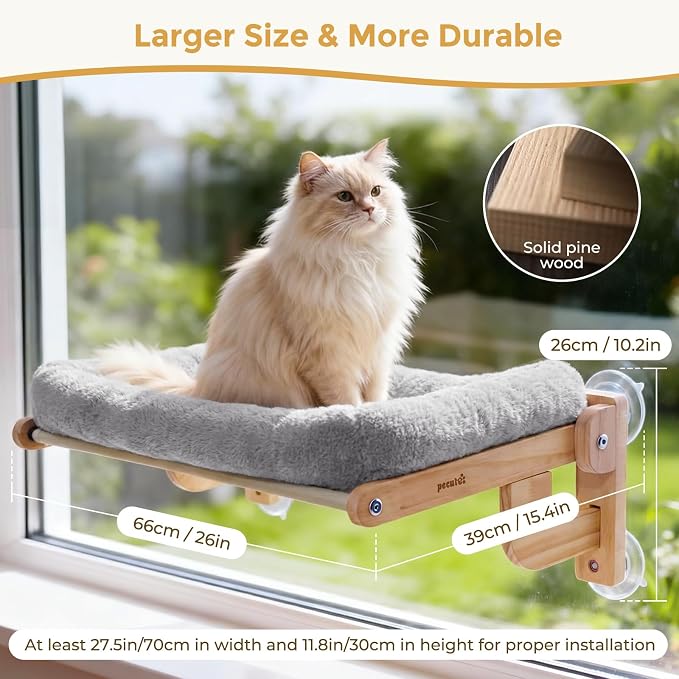 Pecute Cat Window Hammock Foldable, Cat Bed with Soft Cushion Grey, 26" L | Sturdy Wood Frame, Collapsible Large window perch with Strong Suction Cup for Indoor Cat, foldable Design, Soft Plush Surface